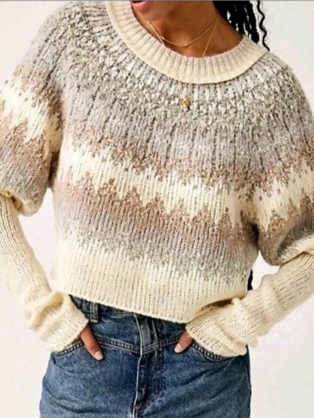 Free People Home For The Holidays Sweater Gray White Knit Fair Isle Crop Small